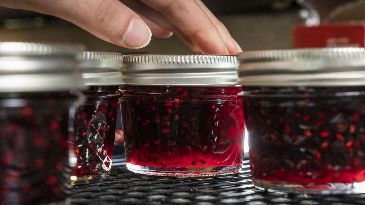 Fruit jelly in small glass mason jars.